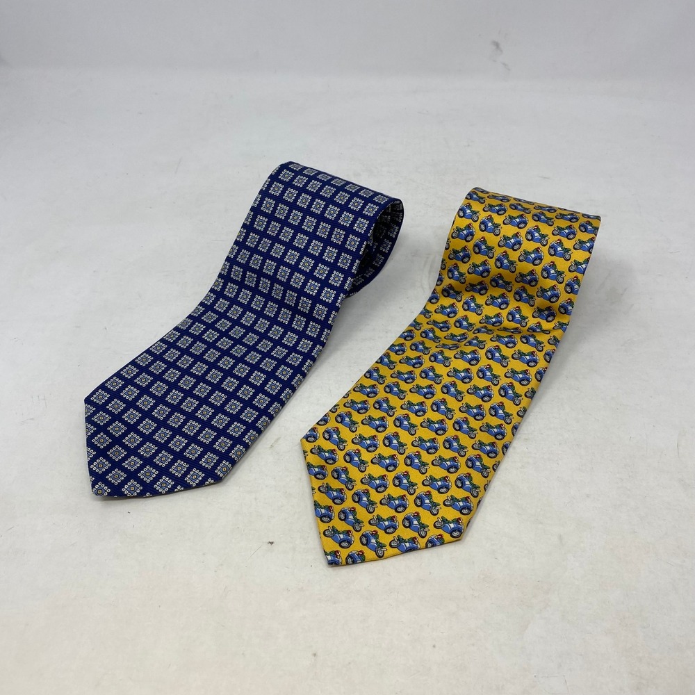 Lauren Ralph Lauren Silk Tie Lot 2pc Navy Geometric Yellow Motorcycle Novelty